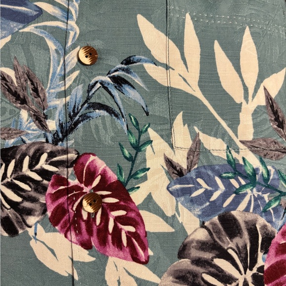 Tommy Bahama Teal and Burgundy Leaf Print Men's Shirt - Picture 4 of 5